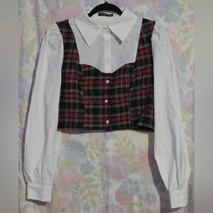 Plaid Crop Top Long Sleeve Blouse